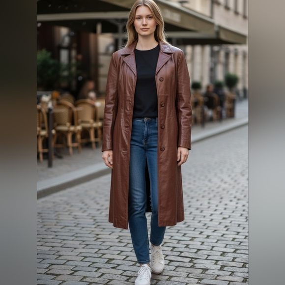 Vintage Genuine Leather Tailored Longline Trench Coat. Cognac Brown. S/M